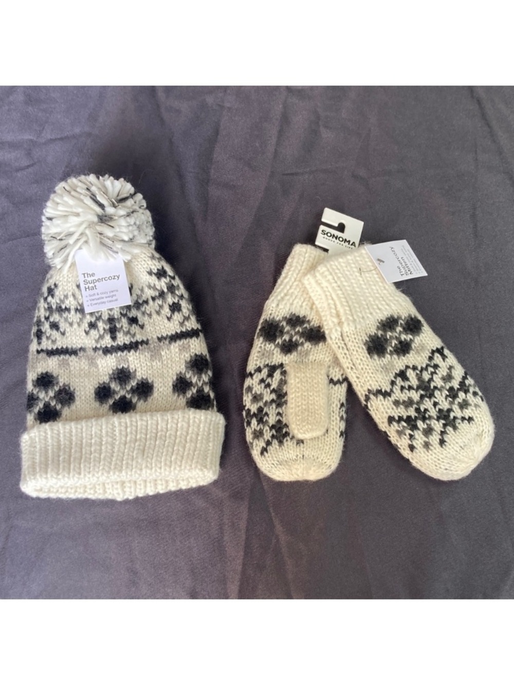 Sonoma Super cozy hat w pom & mittens retro boho vibe soft cozy yarns